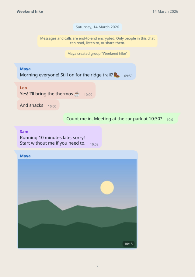 A chat page with bubbles, a day separator and a photo